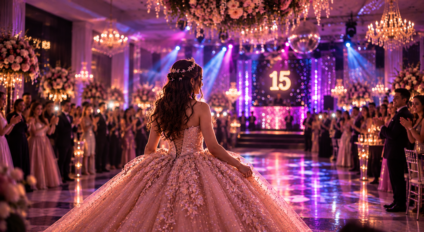 Entrada de la quinceañera ante los invitados en su fiesta de 15 en ML Salón de Eventos